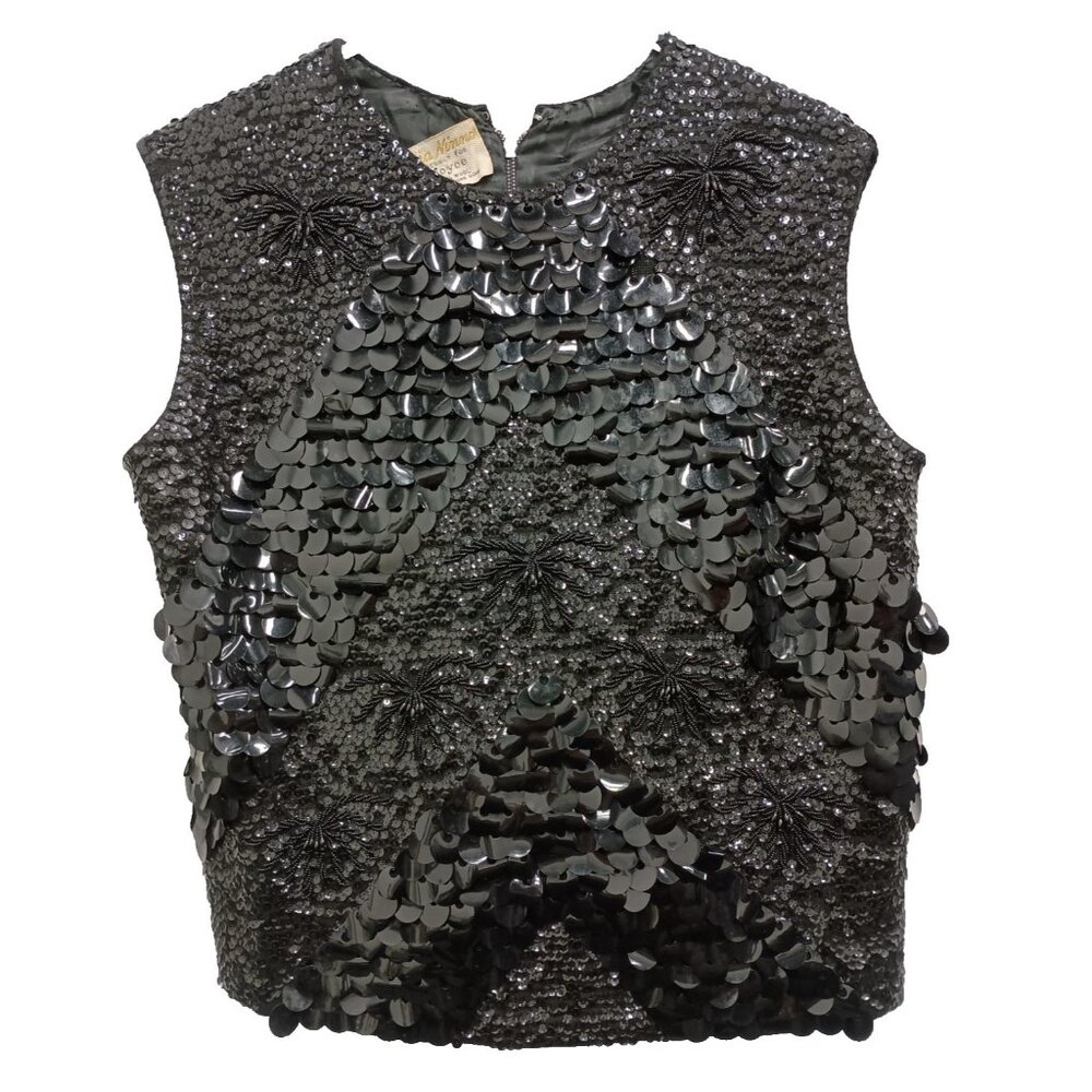 VTG‎ 60s Gia Ninno Womens Top Large Black Wool Paillette Sequin Glam Holiday
